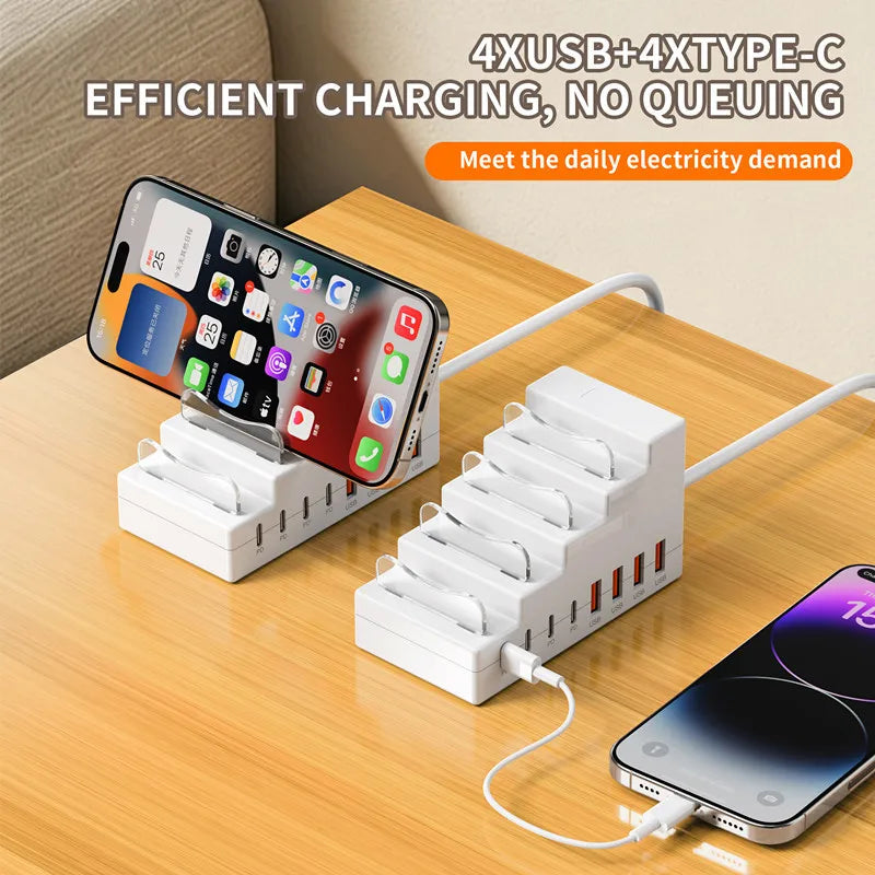 8 in 1 Multi-port Fast Charging HUB 4USB2.0 4TypeC PD charging strip Phone Charging Dock Station