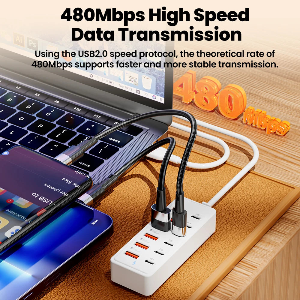 12 in 1 Charging Station Power Strip USB C Hub USB2.0 High Speed Data Transfer Converter 6USB 6 Type C PD Charger Adapter Socket