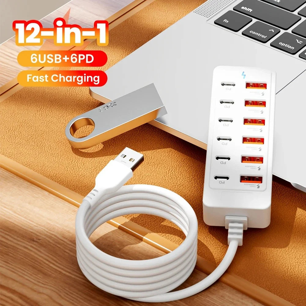 12 in 1 USB Charging Station Multi Ports 6 USB 6 PD Charger Type C Mobile Phones Adapter USB Docking Station USB HUB Accessories
