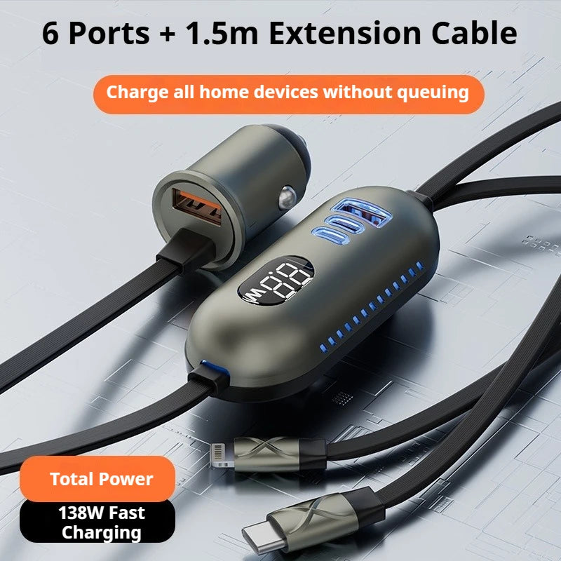 Six-in-one Multi-function Car Charger, Super Fast Charging 1.5m Extended Line Car Rear Docking Station Charger