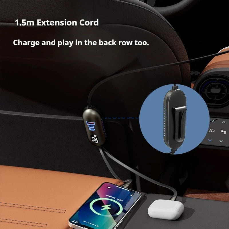 Six-in-one Multi-function Car Charger, Super Fast Charging 1.5m Extended Line Car Rear Docking Station Charger