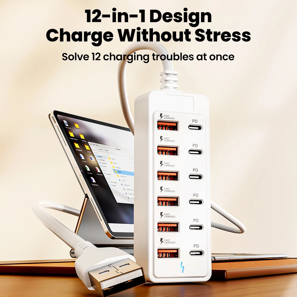 12 in 1 Charging Station Power Strip USB C Hub USB2.0 High Speed Data Transfer Converter 6USB 6 Type C PD Charger Adapter Socket