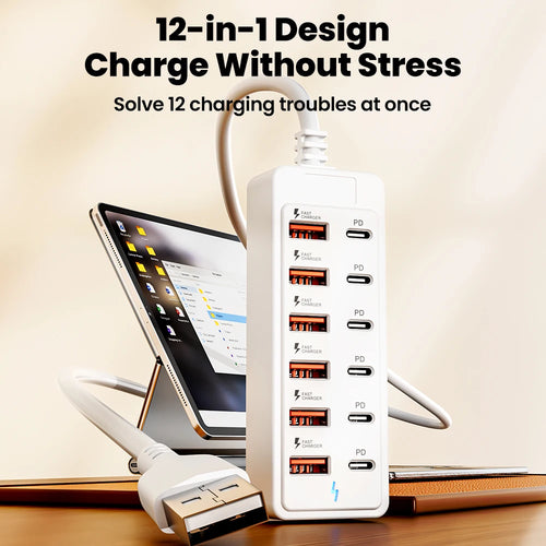 12 in 1 Charging Station Power Strip USB C Hub USB2.0 High Speed Data Transfer Converter 6USB 6 Type C PD Charger Adapter Socket