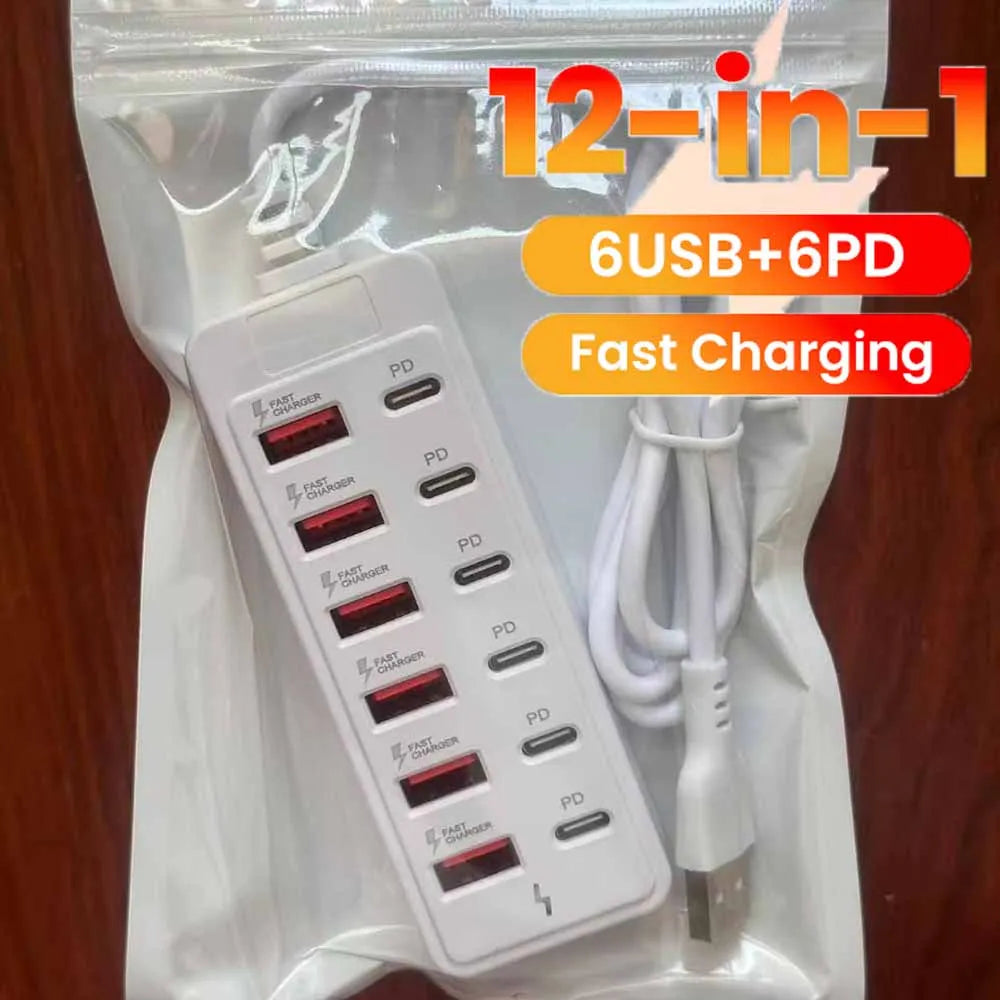 12 in 1 Charging Station Power Strip USB C Hub USB2.0 High Speed Data Transfer Converter 6USB 6 Type C PD Charger Adapter Socket