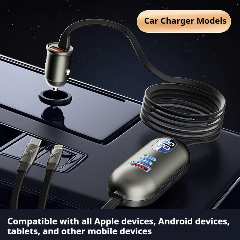 Six-in-one Multi-function Car Charger, Super Fast Charging 1.5m Extended Line Car Rear Docking Station Charger