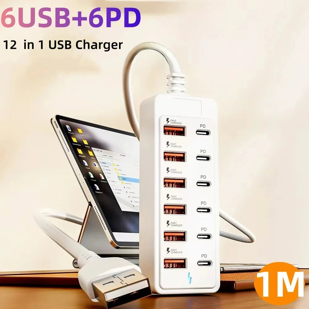 12 in 1 USB Charging Station Multi Ports 6 USB 6 PD Charger Type C Mobile Phones Adapter USB Docking Station USB HUB Accessories
