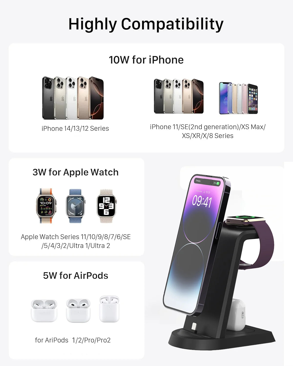 3 in 1 Charger Stand Dock For iPhone 12 13 14  Fast Charging Station For iWatch 10 9 8 7 For Airpods
