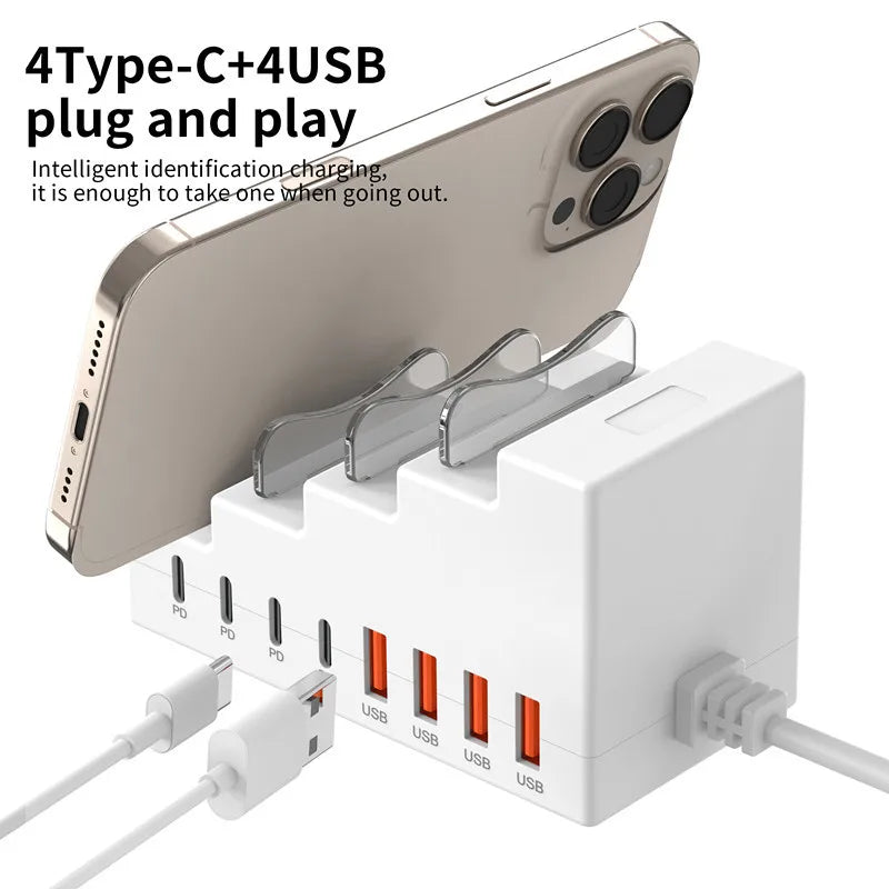 8 in 1 Multi-port Fast Charging HUB 4USB2.0 4TypeC PD charging strip Phone Charging Dock Station