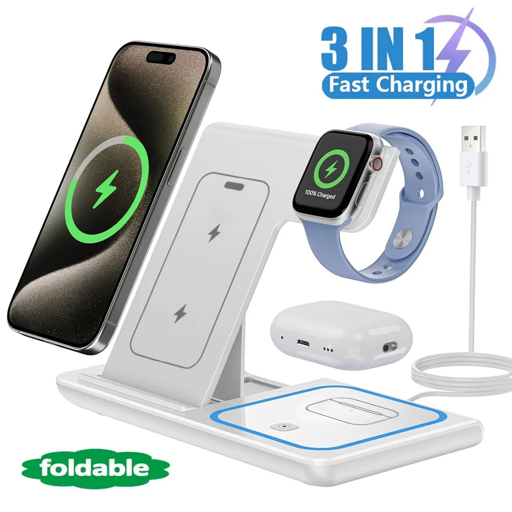 3 In 1 Wireless Charging Station  Fast Charging 30W Foldable For IPhone 16 15 14 13 12 Pro/Pro Max/Plus/Watch & Airpods