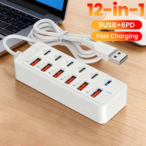 12 in 1 USB Charging Station Multi Ports 6 USB 6 PD Charger Type C Mobile Phones Adapter USB Docking Station USB HUB Accessories