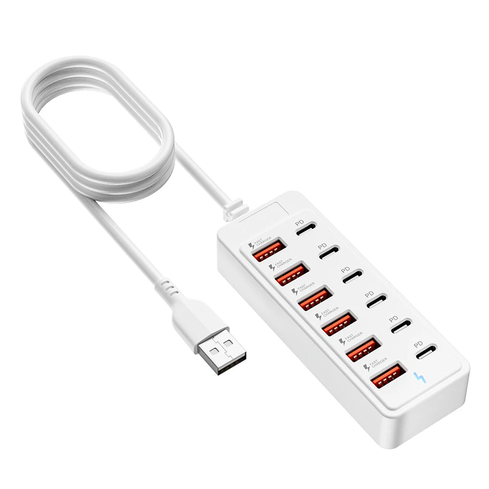 12 in 1 Charging Station Power Strip USB C Hub USB2.0 High Speed Data Transfer Converter 6USB 6 Type C PD Charger Adapter Socket