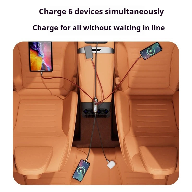 Six-in-one Multi-function Car Charger, Super Fast Charging 1.5m Extended Line Car Rear Docking Station Charger