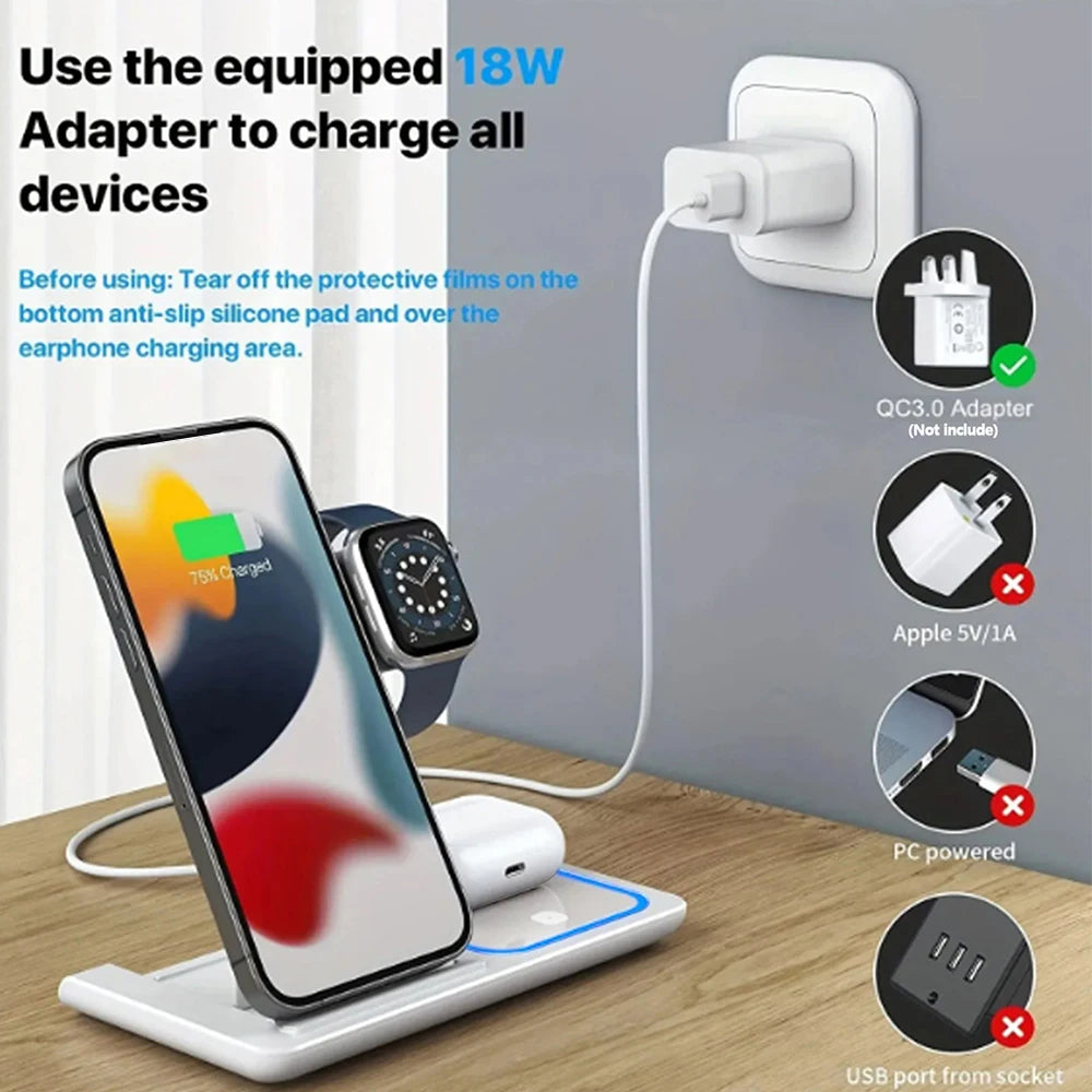 3 In 1 Wireless Charging Station  Fast Charging 30W Foldable For IPhone 16 15 14 13 12 Pro/Pro Max/Plus/Watch & Airpods